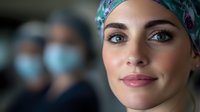 Young woman wearing colorful headscarf and showing brave smile in hospital setting with medical staff in protective masks visible in background. Healthcare concept.