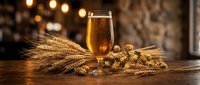 Golden beer glass with wheat stalks and hops on rustic wooden table in warm brewery atmosphere with bokeh lights creating cozy pub ambiance for craft brewing.
