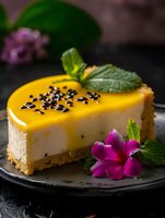 Passion fruit cheesecake slice with mango topping, black sesame seeds and fresh mint garnished with pink tropical flower on dark plate, moody food photography.