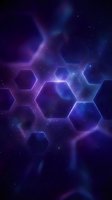 Glowing neon hexagons float in deep space with purple and blue light trails, creating an abstract cosmic background for technology, science, and futuristic design projects.