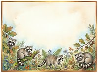 Raccoons exploring lush forest floor with ferns, berries and foliage in vintage botanical illustration style. Isolated design element suitable for stationery, invitations and woodland-themed projects.