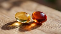 Translucent vitamin capsules casting warm shadows on wooden surface, yellow and red gel supplements in natural sunlight for health and wellness concept.