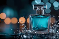Luxury fragrance bottle with aqua blue perfume splashing in water against dark background with bokeh lights creating elegant atmosphere.