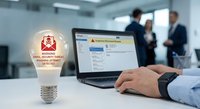 Cybersecurity professional working on laptop with digital security threat warning lightbulb overlay in modern office environment for business protection.