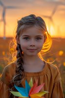 Young girl with braided hair holding colorful paper origami at golden sunset, wearing mustard dress, backlit portrait with soft natural lighting and dreamy atmosphere.