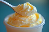 Creamy butter curl on silver spoon above white container, macro shot showing rich, smooth texture and yellow color against blurred turquoise background.