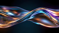 Glowing wavy lines with sparkles in blue, purple and gold colors flow smoothly across dark background creating dynamic abstract light effect pattern.