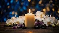 Spa candle with white orchids and purple flowers on wooden surface against bokeh lights background for relaxation and wellness treatments.