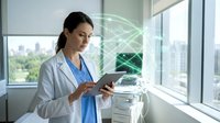 Professional female doctor in white coat using digital tablet with futuristic holographic DNA helix projection in modern medical office with city view.