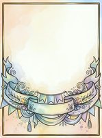 Pastel watercolor frame with decorative ribbon banner, bunting flags, floral elements, and tassels, offering copy space for text or design.