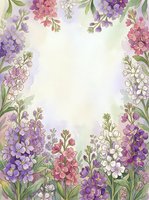 Watercolor floral frame with purple, pink and white flowers on soft pastel background, copy space for text, spring botanical border.