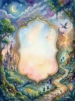 Watercolor fantasy frame with castle, fairies, dragon, and enchanted forest, featuring an ornate golden border with copy space for text.