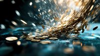 Dynamic flow of golden coins scattered in motion against dark turquoise background with dramatic lighting and bokeh effect, symbolizing wealth and financial success.