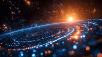 Glowing spiral galaxy with bright orange sun and blue cosmic dust rings against dark space background, stars twinkling in deep universe expanse.