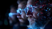 Mature bearded man wearing smart glasses with digital particle effects, neon blue glow reflecting on face in dark environment, representing technology innovation.