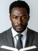 Professional African American businessman in grey suit and tie holding open book, confident expression against white background. For corporate and educational media.