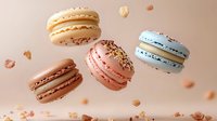 Colorful French macarons floating with crumbs on pastel background. Sweet dessert cookies in pink, blue, brown and beige colors for bakery menu design.