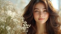 Young Asian woman with long brown wavy hair smiling gently outdoors among white wildflowers in soft natural lighting, creating romantic spring atmosphere.