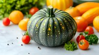Green speckled pumpkin surrounded by fresh cherry tomatoes, citrus fruits and parsley on light background, autumn harvest composition for seasonal cooking.