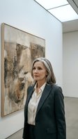 Elegant mature businesswoman with gray hair in dark suit contemplating abstract artwork in modern gallery space with natural lighting.