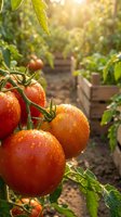 Fresh ripe red tomatoes with water droplets growing on vine in sunny organic garden greenhouse with warm golden sunlight and wooden raised beds.