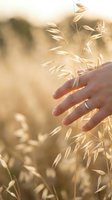 Gentle hand touching golden oat grass in warm sunlight creating peaceful moment in nature field during golden hour for wellness and mindfulness concepts.