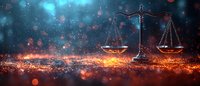 Scales of justice on dramatic glowing background with orange and blue particles, symbolizing law, judgment and legal balance in modern presentation.