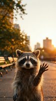 Friendly raccoon waving paw in urban park at golden hour sunset with city skyline and autumn trees creating warm atmospheric lighting for wildlife photography.
