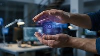Businessman hands protecting glowing digital cloud computing hologram with data security icons in modern office environment for technology concepts.