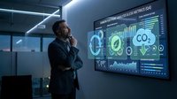 Professional businessman analyzing carbon footprint analytics dashboard with CO2 emissions data visualization in modern office environment.