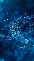 Abstract network of glowing connected dots and lines forming geometric shapes on deep blue background with bokeh effect, representing digital connectivity.