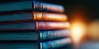 Stack of vintage leather-bound books with colorful spines against blurred warm light background, creating atmospheric literary composition with shallow depth of field.