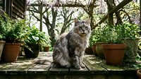 Fluffy gray tabby cat sitting on wooden deck surrounded by potted ferns and flowering trees in peaceful garden setting for pet and nature themes.