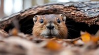 Adorable brown rodent peeking out from wooden log shelter with autumn leaves scattered around, curious mammal in natural forest habitat.