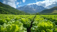 Lush green vineyard rows stretching toward snow-capped mountains under dramatic cloudy sky, showcasing agricultural landscape and wine country scenery.