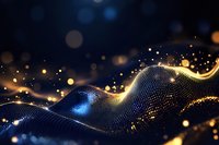 Abstract digital wave with golden particles and bokeh lights on dark blue background for technology presentations and modern design projects.