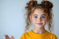 Young girl with curly hair in space buns wearing yellow t-shirt smiling at camera against light background, showing friendly expression and natural charm.