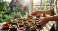 Hands arranging colorful spices and herbs in small bowls on wooden table by sunny window with garden view. Culinary preparation and cooking ingredients concept.