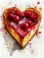 Heart-shaped cheesecake slice topped with fresh cherries and red sauce, watercolor style artwork with splatter effects on white background. Sweet dessert illustration.