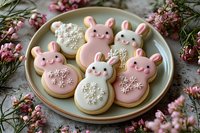 Adorable pink and white bunny sugar cookies decorated with snowflake patterns on ceramic plate surrounded by delicate pink flowers, winter holiday baking.