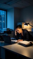 Stressed businesswoman working late at night in dark office with laptop and documents, experiencing work burnout and overtime pressure.
