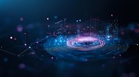 Futuristic spiral technology concept with glowing blue and pink lights, digital circular waves and particles floating in dark space background.