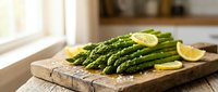 Fresh green asparagus spears with lemon slices on rustic wooden cutting board in bright kitchen. Healthy vegetable cooking ingredient for spring recipes.