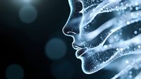 Ethereal female profile silhouette dissolving into glowing particles against dark background, depicting transformation and spiritual awakening concept.