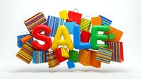 Colorful SALE letters surrounded by vibrant striped shopping bags on white background, perfect for retail promotions and discount event advertising.