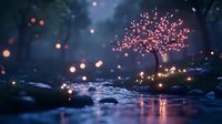 Glowing cherry blossom tree by stream at night with magical floating lights reflecting in water creates dreamy atmosphere for fantasy or meditation designs.