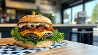 Juicy cheeseburger with crispy bacon, melted cheddar, fresh lettuce, and caramelized onions on sesame seed bun, served on checkered paper in restaurant setting.
