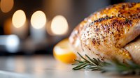 Grilled chicken breast with herbs and spices on plate in restaurant kitchen. Seasoned poultry meat with rosemary garnish for culinary cooking and dining.