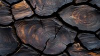 Dramatic close-up of charred wood texture showing dark cracked rings and burnt patterns with orange glow highlights, natural organic background pattern.