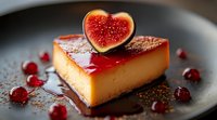 Creamy caramel flan dessert topped with fresh fig heart slice and red berries on dark plate, garnished with chocolate shavings and berry sauce.